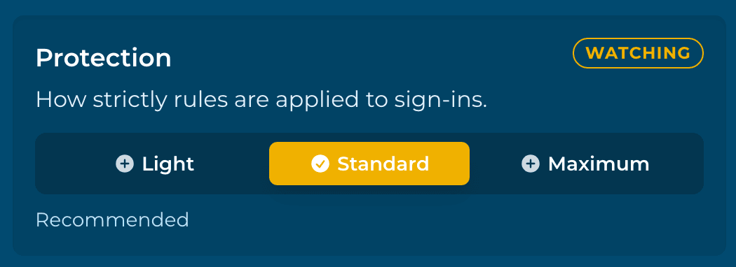 Choosing the protection level on the Sentry dashboard