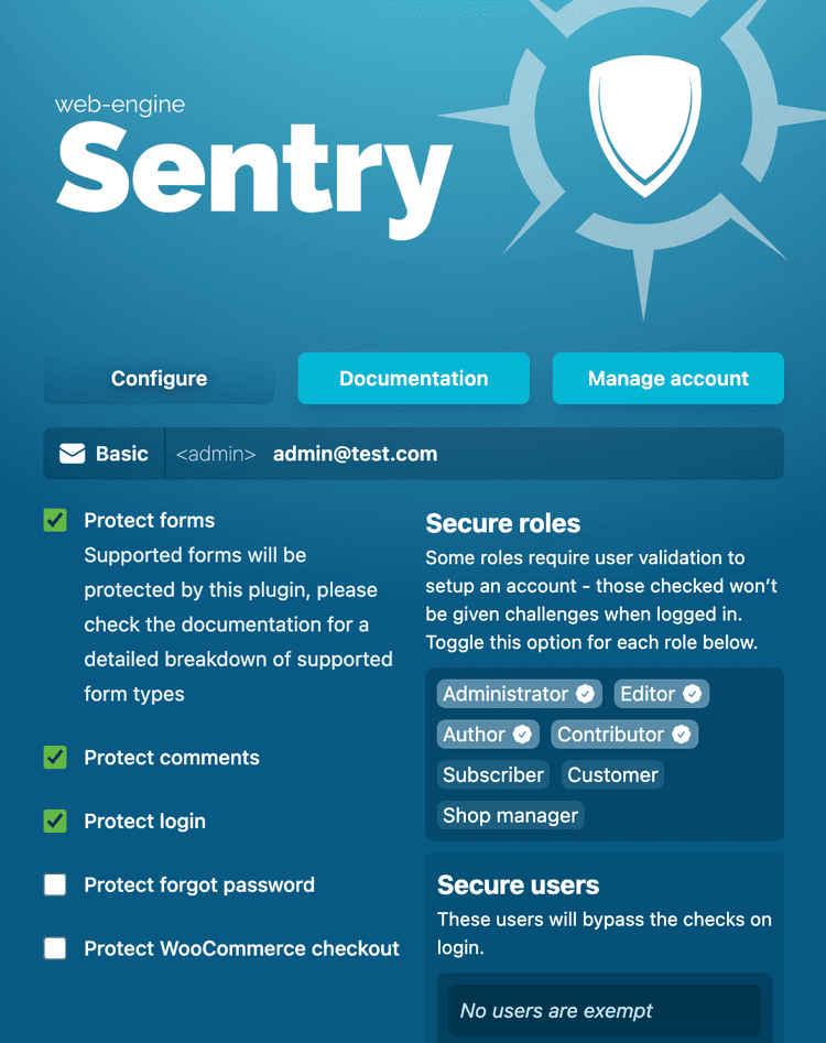 Sentry WordPress options screen